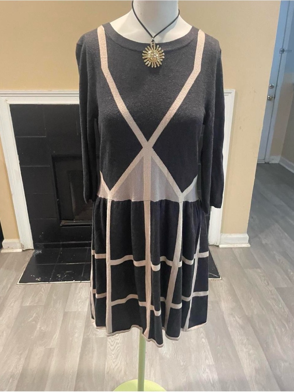 Daniel Cremieux Black Dress with Light Pink Geometric Stripes Preppy Academia